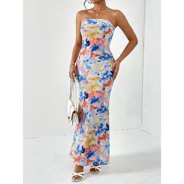 OYOANGLE Women's Floral Print Sleeveless Strapless Draped Backless Bodycon Summer Maxi Tube Dress Multicolor Small