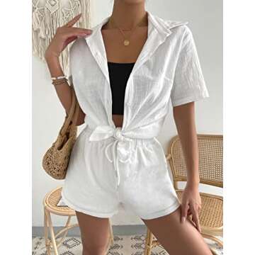 MakeMeChic Women's 2 Piece Outfits Casual Solid Short Sleeve Button Down Blouse and Short Set White XS