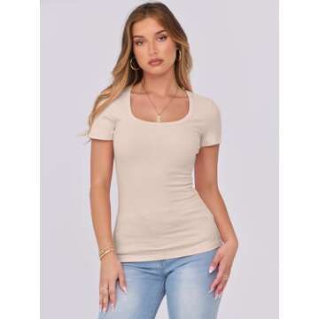 ANRABESS Women's Short Sleeve Tops Casual Scoop Neck Ribbed Knit Slim Fitted Basic Tee Shirts 2025 Summer Trendy Outfits Beige X-Small