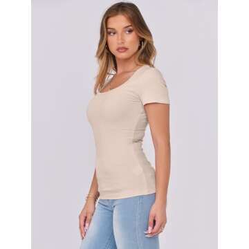 ANRABESS Women's Short Sleeve Tops Casual Scoop Neck Ribbed Knit Slim Fitted Basic Tee Shirts 2025 Summer Trendy Outfits Beige X-Small