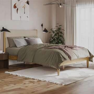 DG Casa Reign Mid-Century Modern Platform Queen Bed Frame - Taupe Boucle Upholstered Bed with Natura...