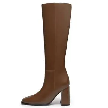 Athlefit Knee High Boots Women Square Toe Chunky Heel Tall Boots Side Zipper High Heel Tan Long boots Size 7.5