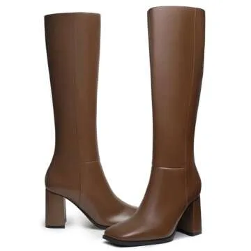 Athlefit Knee High Boots Women Square Toe Chunky Heel Tall Boots Side Zipper High Heel Tan Long boots Size 7.5