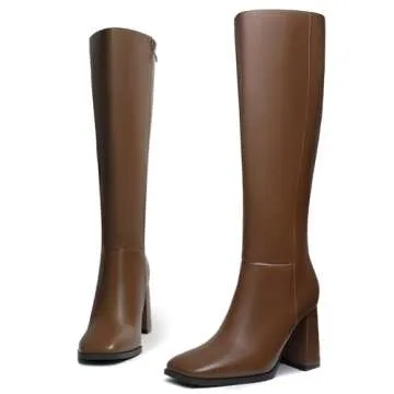 Athlefit Knee High Boots Women Square Toe Chunky Heel Tall Boots Side Zipper High Heel Tan Long boots Size 7.5