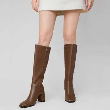 Athlefit Knee High Boots Women Square Toe Chunky Heel Tall Boots Side Zipper High Heel Tan Long boots Size 7.5