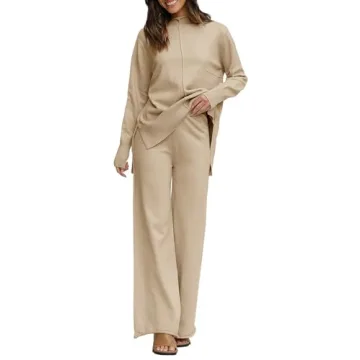 Fazortev Women's 2 Piece Outfits Long Sleeve Tops and Wide Leg Pants Knit Sweater Lounge Set