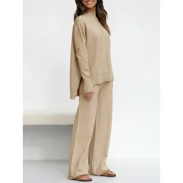 Fazortev Women's 2 Piece Outfits Long Sleeve Tops and Wide Leg Pants Knit Sweater Lounge Set