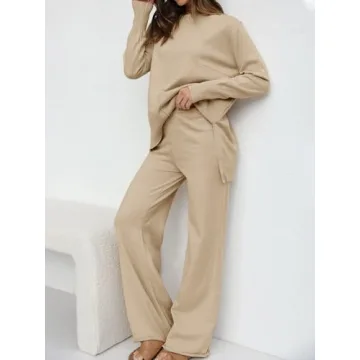 Fazortev Women's 2 Piece Outfits Long Sleeve Tops and Wide Leg Pants Knit Sweater Lounge Set