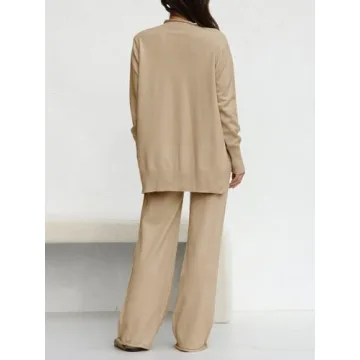 Fazortev Women's 2 Piece Outfits Long Sleeve Tops and Wide Leg Pants Knit Sweater Lounge Set