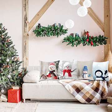 4 Pack Christmas Snowman Throw Pillow Covers 18×18 Inch, Winter Holiday Decorative Couch Pillow Case Set of 4, Home Decorations for Sofa, Bed and Living Room, Square Cute Frosty Cartoon Cushion Cover