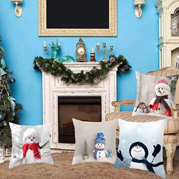 4 Pack Christmas Snowman Throw Pillow Covers 18×18 Inch, Winter Holiday Decorative Couch Pillow Case Set of 4, Home Decorations for Sofa, Bed and Living Room, Square Cute Frosty Cartoon Cushion Cover