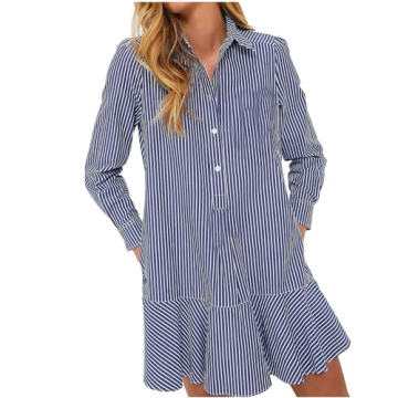 YEXPINE Women's Cotton Tunic Shirt Mini Dress Long Sleeve Short Dress Button Up Ruffle Hem Shift Dre...