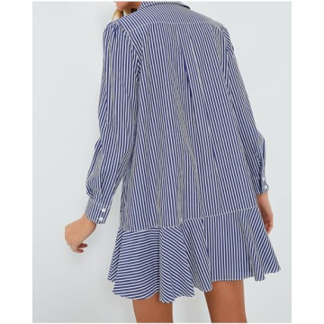 YEXPINE Women's Cotton Tunic Shirt Mini Dress Long Sleeve Short Dress Button Up Ruffle Hem Shift Dresses