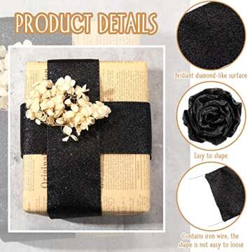 Syhood 20 Yard Glitter Ribbon Wired Edge Ribbon Waterproof Sparkly Ribbon Garland for Gifts Wrapping Cards Crafts Wreaths Holiday Christmas Valentine's Day Decoration(Black,2.5 Inch X 20 Yard)