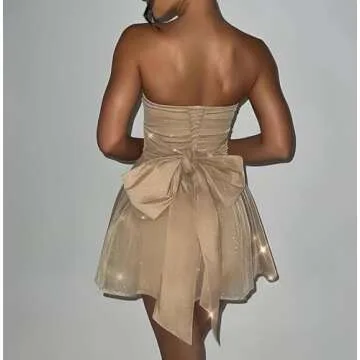 Hoepoly Women's Glitter Tulle Short Prom Dress 2025 Strapless Mini Cocktail Party Homecoming Dresses for Teens with Bow Back Yellow 2