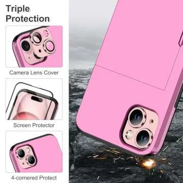 SAMONPOW 4-in-1 for iPhone 15 Case Wallet with Screen Protector & Camera Cover Full Body Hybrid 15 Case with Card Holder Shockproof Protective Phone Case for iPhone 15 for Women Men (Pink)