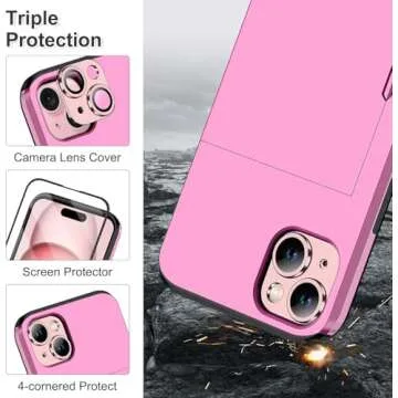 SAMONPOW 4-in-1 for iPhone 15 Case Wallet with Screen Protector & Camera Cover Full Body Hybrid 15 Case with Card Holder Shockproof Protective Phone Case for iPhone 15 for Women Men (Pink)