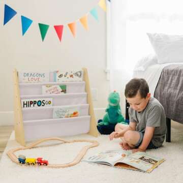 Wildkin Kids Premium Canvas Sling Bookshelf for Boys & Girls, Wooden Design Features Four Fabric Shelves, Keep Bedrooms, Playrooms, & Classrooms Organized, Measures 25 x 24 x 11 Inches -Natural w/Tan