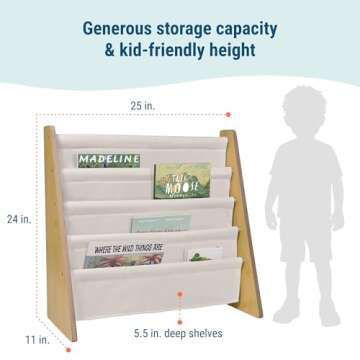 Wildkin Kids Premium Canvas Sling Bookshelf for Boys & Girls, Wooden Design Features Four Fabric Shelves, Keep Bedrooms, Playrooms, & Classrooms Organized, Measures 25 x 24 x 11 Inches -Natural w/Tan