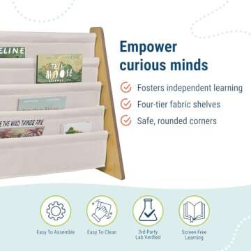 Wildkin Kids Premium Canvas Sling Bookshelf for Boys & Girls, Wooden Design Features Four Fabric Shelves, Keep Bedrooms, Playrooms, & Classrooms Organized, Measures 25 x 24 x 11 Inches -Natural w/Tan