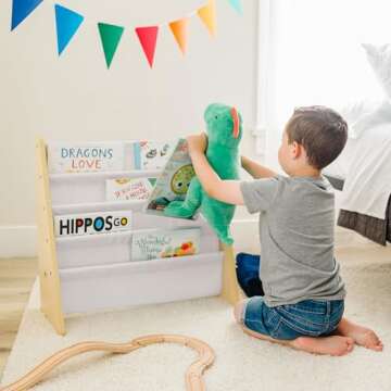 Wildkin Kids Premium Canvas Sling Bookshelf for Boys & Girls, Wooden Design Features Four Fabric Shelves, Keep Bedrooms, Playrooms, & Classrooms Organized, Measures 25 x 24 x 11 Inches -Natural w/Tan