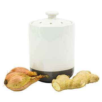 Boston Warehouse Stoneware Garlic Keeper Canister, White and Grey Colorblock