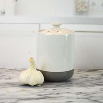 Boston Warehouse Stoneware Garlic Keeper Canister, White and Grey Colorblock