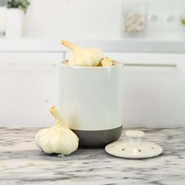 Boston Warehouse Stoneware Garlic Keeper Canister, White and Grey Colorblock