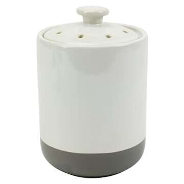 Boston Warehouse Stoneware Garlic Keeper Canister, White and Grey Colorblock