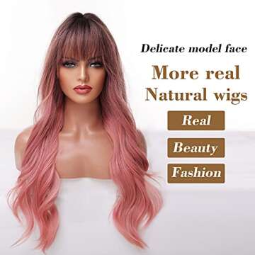 EMMOR Long Ombre Pink Wig for Women - Natural Curly Hair Synthetic Wigs With Bang Dark Root, Party C...