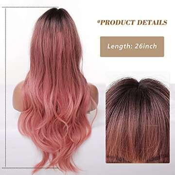 EMMOR Long Ombre Pink Wig for Women - Natural Curly Hair Synthetic Wigs With Bang Dark Root, Party Cosplay Daily Use (2pcs Free Wig Cap)