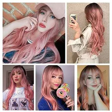 EMMOR Long Ombre Pink Wig for Women - Natural Curly Hair Synthetic Wigs With Bang Dark Root, Party Cosplay Daily Use (2pcs Free Wig Cap)