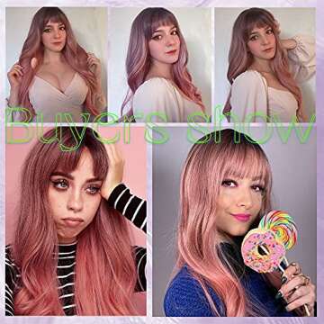 EMMOR Long Ombre Pink Wig for Women - Natural Curly Hair Synthetic Wigs With Bang Dark Root, Party Cosplay Daily Use (2pcs Free Wig Cap)