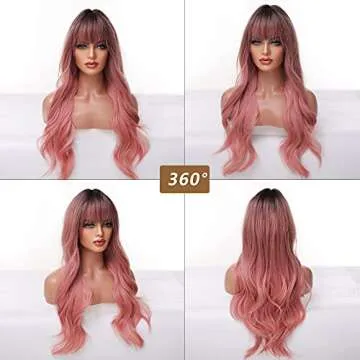 EMMOR Long Ombre Pink Wig for Women - Natural Curly Hair Synthetic Wigs With Bang Dark Root, Party Cosplay Daily Use (2pcs Free Wig Cap)