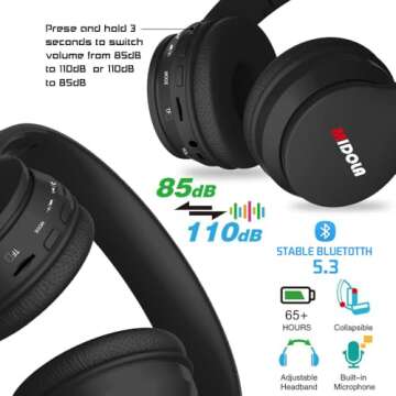 MIDOLA Kids Headphones Bluetooth 5.3 Wireless 60H Play Time Volume Limit 85/110dB Over Ear Foldable Protection Headset/Wired AUX Cord Mic for Child Boy Girl Travel School Phone Pad Tablet Black