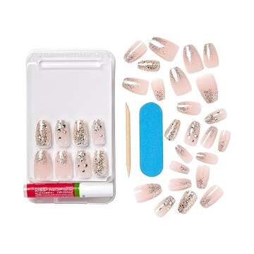 KISS Premium Classy Fake Nails - My Muse, Long & Coffin Shaped, Super Glam, Jewel Accents, Waterproof, Smudge Proof, No Dry Time, Durable, Takes Minutes, Quick & Easy | 30 Count