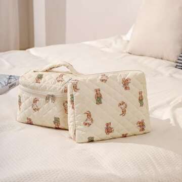 uekeboag 2 pcs Large Floral Quilted Makeup Bag Set for Women, Cotton Quilted Big Cosmetic Bag, Coquette Aesthetic Cute Travel Toiletry Bag(01White Bear)