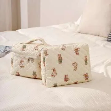 uekeboag 2 pcs Large Floral Quilted Makeup Bag Set for Women, Cotton Quilted Big Cosmetic Bag, Coquette Aesthetic Cute Travel Toiletry Bag(01White Bear)