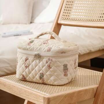 uekeboag 2 pcs Large Floral Quilted Makeup Bag Set for Women, Cotton Quilted Big Cosmetic Bag, Coquette Aesthetic Cute Travel Toiletry Bag(01White Bear)