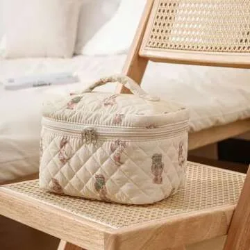 uekeboag 2 pcs Large Floral Quilted Makeup Bag Set for Women, Cotton Quilted Big Cosmetic Bag, Coquette Aesthetic Cute Travel Toiletry Bag(01White Bear)
