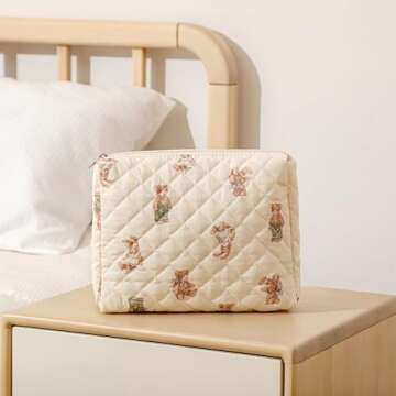 uekeboag 2 pcs Large Floral Quilted Makeup Bag Set for Women, Cotton Quilted Big Cosmetic Bag, Coquette Aesthetic Cute Travel Toiletry Bag(01White Bear)