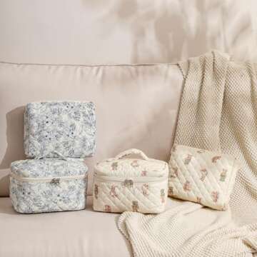 uekeboag 2 pcs Large Floral Quilted Makeup Bag Set for Women, Cotton Quilted Big Cosmetic Bag, Coquette Aesthetic Cute Travel Toiletry Bag(01White Bear)