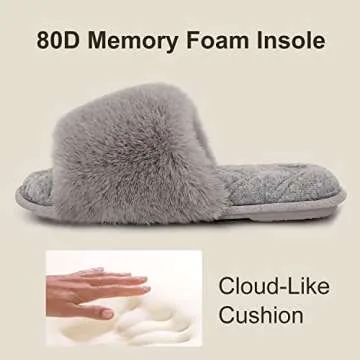 LongBay Women's Open Toe Slippers Fuzzy Fluffy Memory Foam Comfy Slip On Indoor Bedroom Home Slide (X-Large /11-12, Gray)