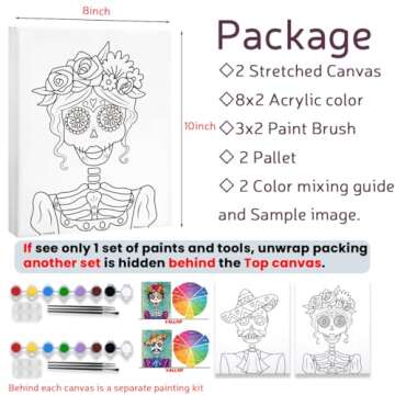 VALLSIP 2 Pack Paint and Sip Canvas Painting Kit Pre Drawn Canvas for Painting for adults Stretched Canvas Couples Games Date Night Anniversary Gifts Paint Party Supplies Favor Day of the Dead 8x10