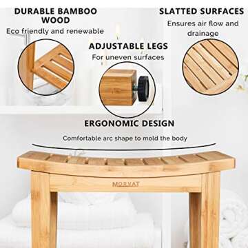 Morvat Bamboo Shower Bench & Mat, Water Resistant & Quick Drying Chair & Mat for Bathroom, Adjustabl...