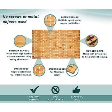 Morvat Bamboo Shower Bench & Mat, Water Resistant & Quick Drying Chair & Mat for Bathroom, Adjustable Height Bath Stool Seat with Shelf, Metal Free Wood Mat with Extra Non Slip Grips, 19”x18”x12”