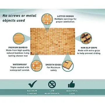 Morvat Bamboo Shower Bench & Mat, Water Resistant & Quick Drying Chair & Mat for Bathroom, Adjustable Height Bath Stool Seat with Shelf, Metal Free Wood Mat with Extra Non Slip Grips, 19”x18”x12”