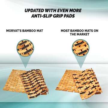 Morvat Bamboo Shower Bench & Mat, Water Resistant & Quick Drying Chair & Mat for Bathroom, Adjustable Height Bath Stool Seat with Shelf, Metal Free Wood Mat with Extra Non Slip Grips, 19”x18”x12”