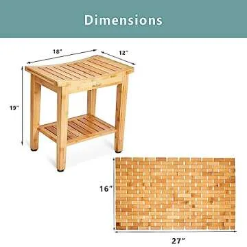 Morvat Bamboo Shower Bench & Mat, Water Resistant & Quick Drying Chair & Mat for Bathroom, Adjustable Height Bath Stool Seat with Shelf, Metal Free Wood Mat with Extra Non Slip Grips, 19”x18”x12”