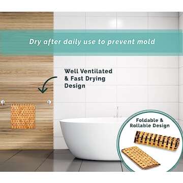 Morvat Bamboo Shower Bench & Mat, Water Resistant & Quick Drying Chair & Mat for Bathroom, Adjustable Height Bath Stool Seat with Shelf, Metal Free Wood Mat with Extra Non Slip Grips, 19”x18”x12”